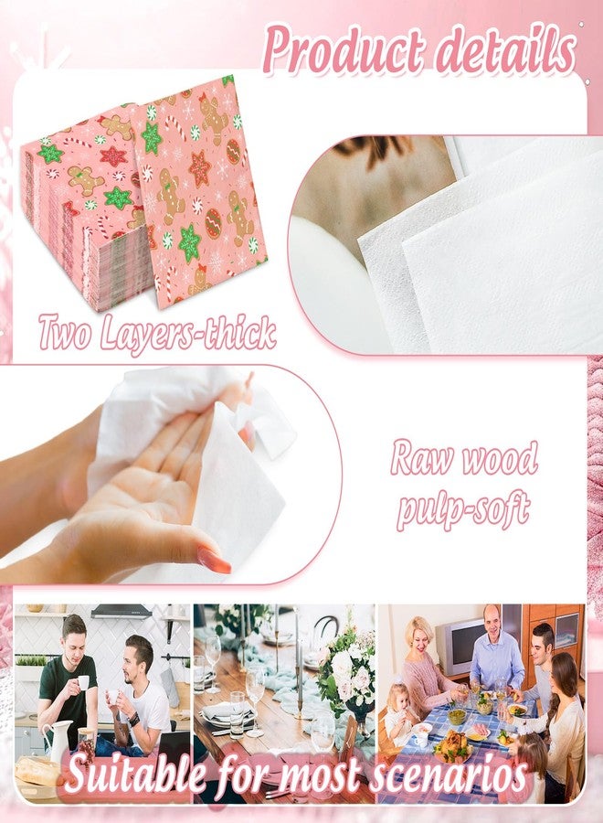 JarThenaAMCS 80Pcs Pink Christmas Paper Napkin Gingerbread Candy Cane Snowflake Disposable Luncheon Napkins Cute Xmas Dinner Hand Napkin for Winter Birthday Baby Shower Party Supplies - Image 3